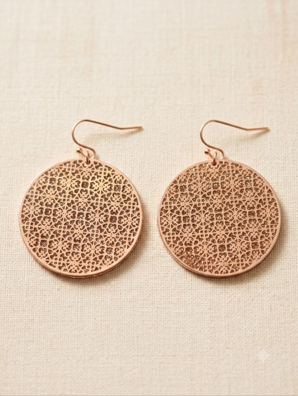 Rose Gold Filigree Disc Drop Earrings Shimmering Cutout Statement Dangle